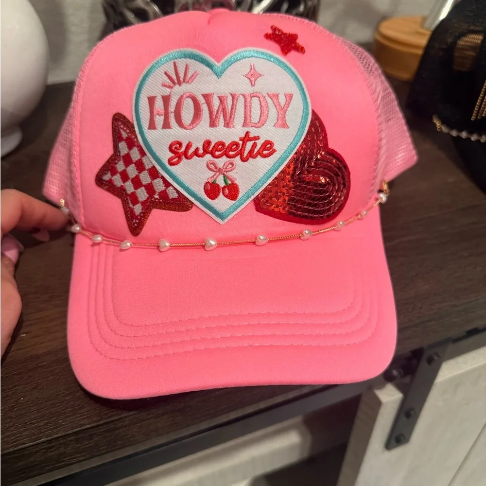 Pink “Howdy Sweetie” Trucker Hat w/ Hearts, Stars & Pearl Detail - Picture 3 of 3